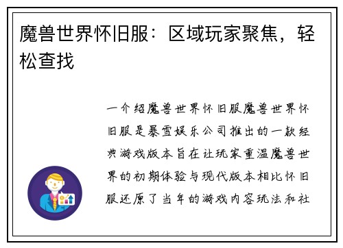 魔兽世界怀旧服：区域玩家聚焦，轻松查找